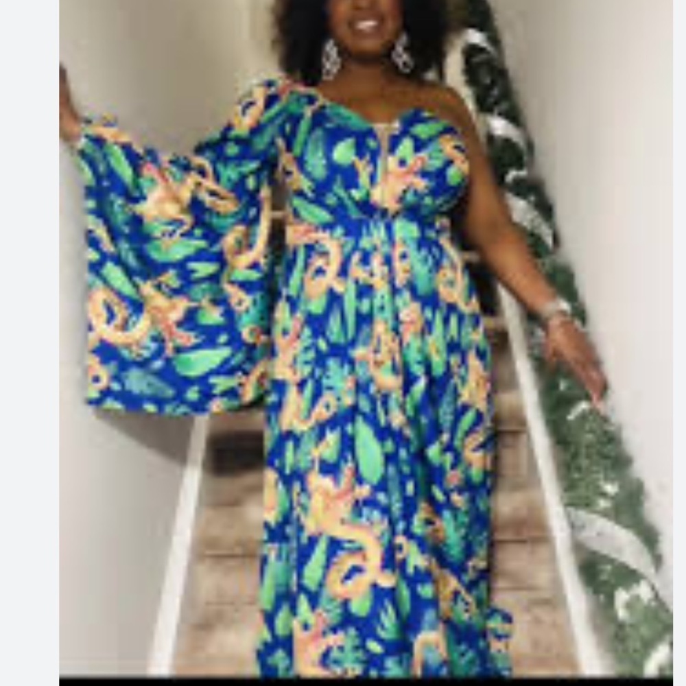 New Giffniseti Dragon Shoulder Bridesmaid Maxi Dress Gown Kimono Blue Orange - Picture 10 of 15